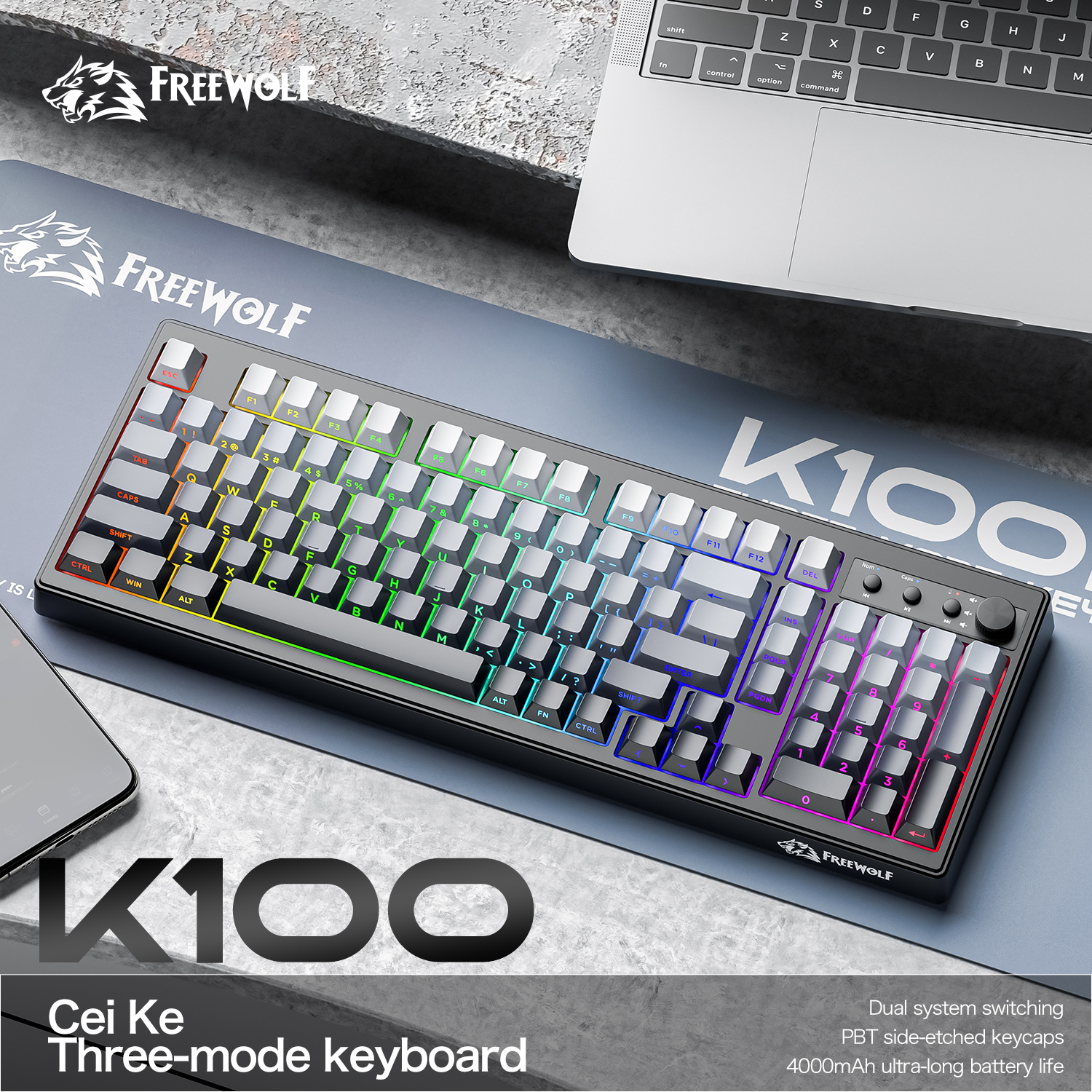 Gaming Keyboard And Mouse Combo - FREEWOLF k100 three-mode silent gaming keyboard,