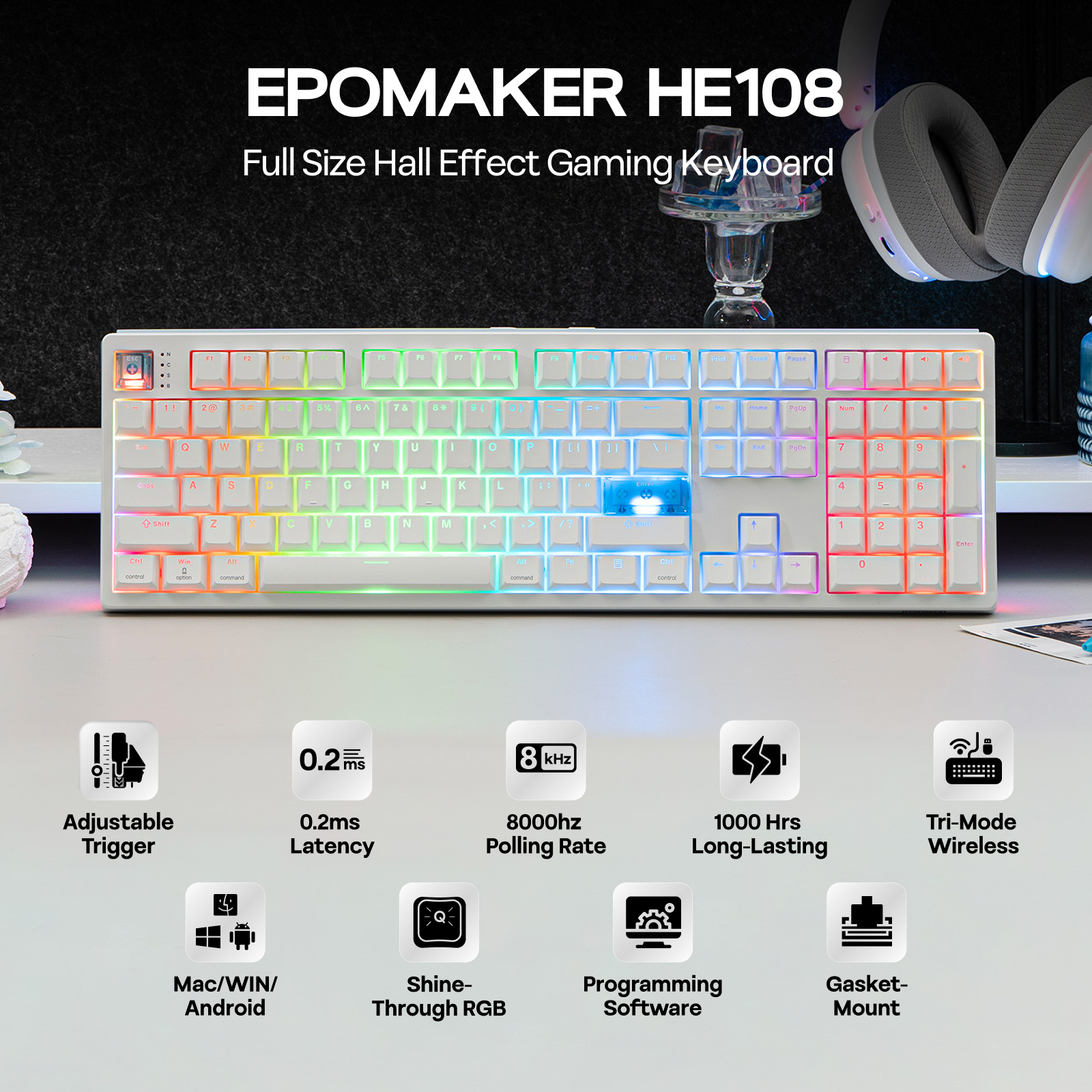 EPOMAKER HE108 Full Sized ANSI - đánh giá và giá Gaming Keyboard Half