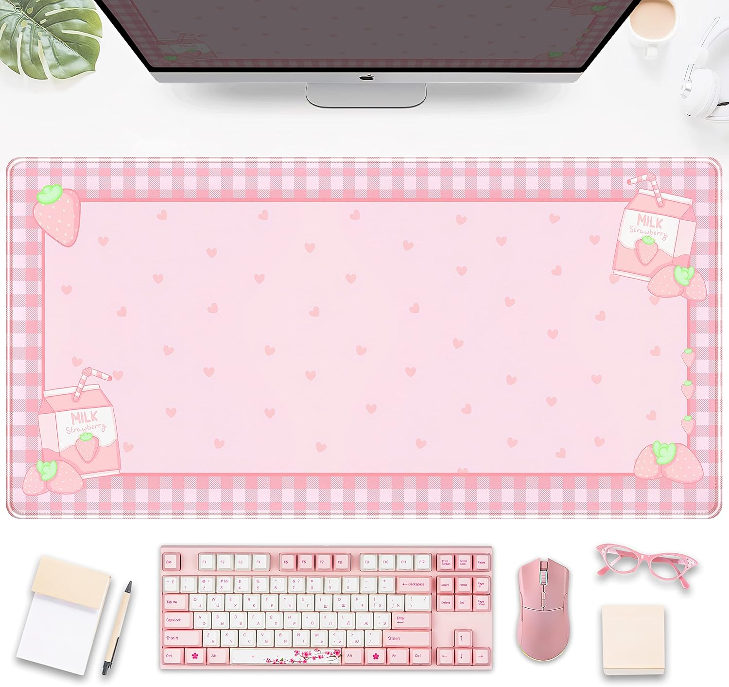 Cute Pink Plaid Desk Mat, Stra - đánh giá và giá Gaming Keyboard Mouse